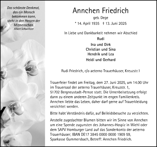 Anzeige von Annchen Friedrich von  Anzeigen Echo 