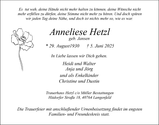 Anzeige von Anneliese Hetzl von  Lokale Informationen 