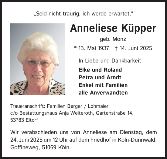Anzeige von Anneliese Küpper von Kölner Stadt-Anzeiger / Kölnische Rundschau / Express