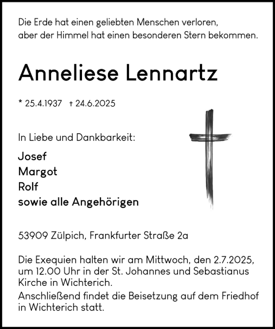 Anzeige von Anneliese Lennartz von  Blickpunkt Euskirchen 