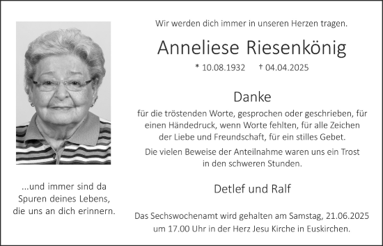 Anzeige von Anneliese Riesenkönig von  Blickpunkt Euskirchen 