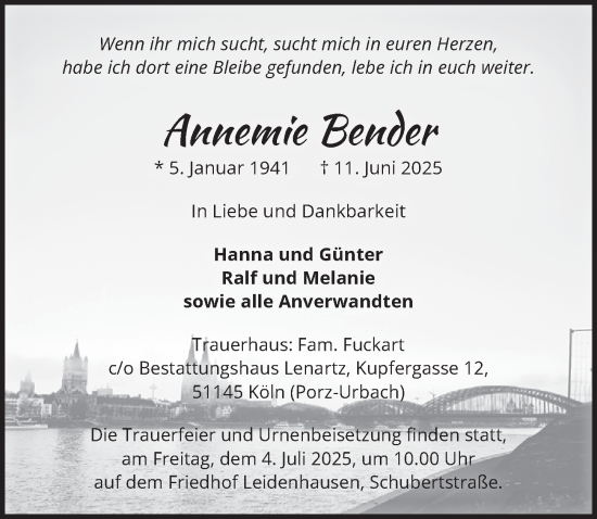 Anzeige von Annemie Bender von  EXPRESS - Die Woche 