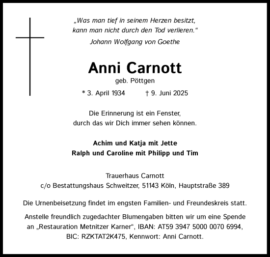 Anzeige von Anni Carnott von Kölner Stadt-Anzeiger / Kölnische Rundschau / Express