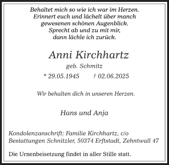 Anzeige von Anni Kirchhartz von  Werbepost 