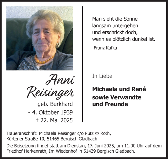 Anzeige von Anni Reisinger von Kölner Stadt-Anzeiger / Kölnische Rundschau / Express