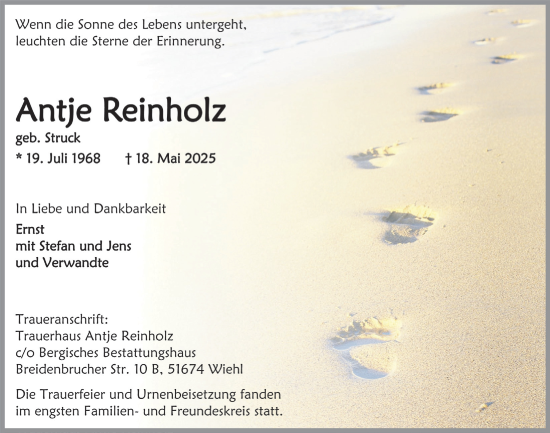 Anzeige von Antje Reinholz von  Anzeigen Echo  Lokalanzeiger 
