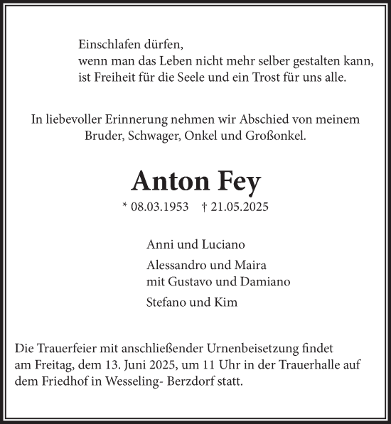 Anzeige von Anton Fey von  Schlossbote/Werbekurier 