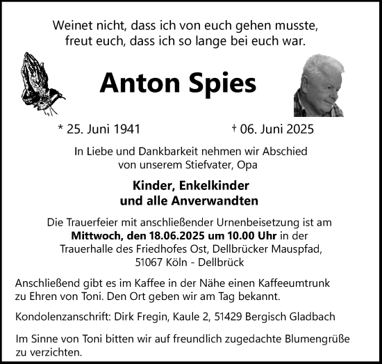 Anzeige von Anton Spies von Kölner Stadt-Anzeiger / Kölnische Rundschau / Express