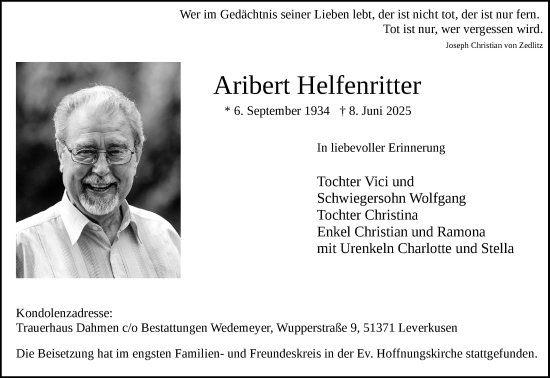 Anzeige von Aribert Helfenritter von Kölner Stadt-Anzeiger / Kölnische Rundschau / Express