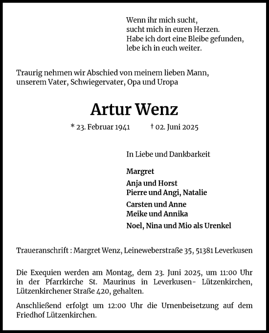 Anzeige von Artur Wenz von Kölner Stadt-Anzeiger / Kölnische Rundschau / Express