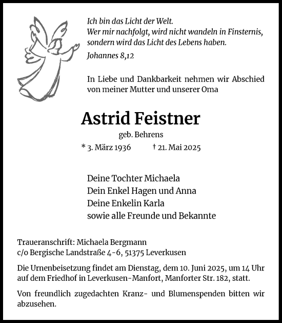 Anzeige von Astrid Feistner von Kölner Stadt-Anzeiger / Kölnische Rundschau / Express