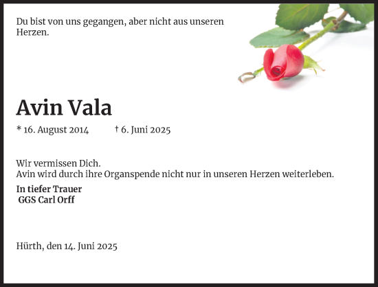 Anzeige von Avin Vala von Kölner Stadt-Anzeiger / Kölnische Rundschau / Express