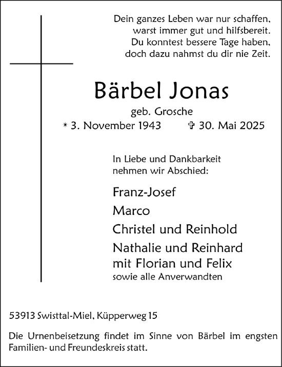 Anzeige von Bärbel Jonas von  Schaufenster/Blickpunkt 
