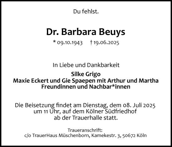 Anzeige von Barbara Beuys von Kölner Stadt-Anzeiger / Kölnische Rundschau / Express