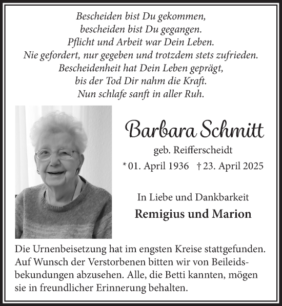 Anzeige von Barbara Schmitt von  Werbepost 