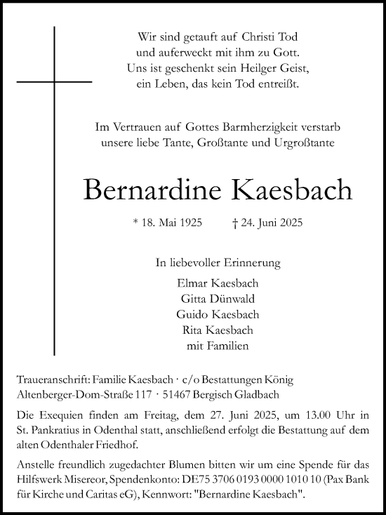 Anzeige von Bernardine Kaesbach von Kölner Stadt-Anzeiger / Kölnische Rundschau / Express
