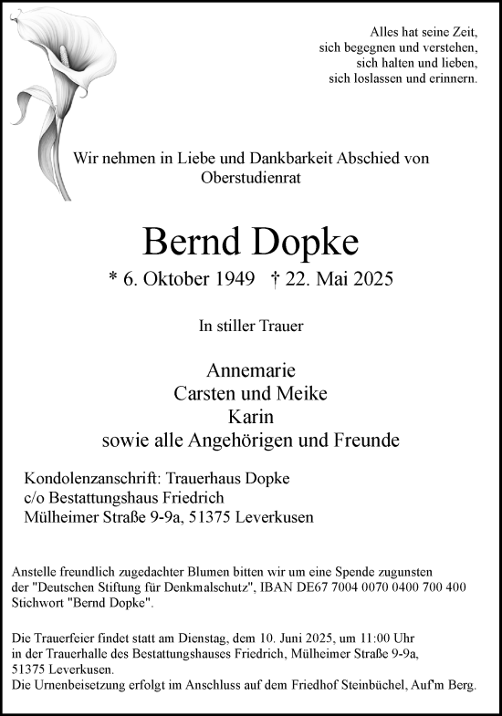 Anzeige von Bernd Dopke von Kölner Stadt-Anzeiger / Kölnische Rundschau / Express
