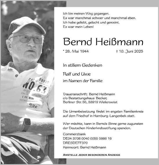 Anzeige von Bernd Heißmann von  Schlossbote/Werbekurier 