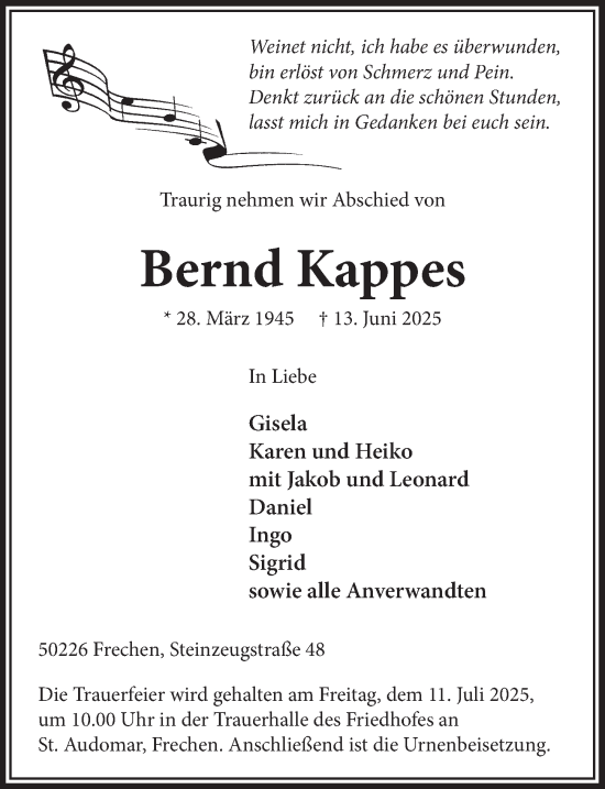Anzeige von Bernd Kappes von  Wochenende 