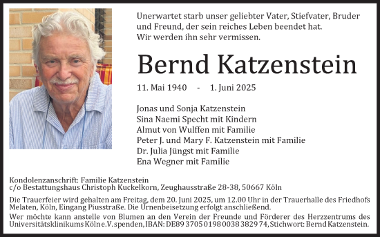 Anzeige von Bernd Katzenstein von Kölner Stadt-Anzeiger / Kölnische Rundschau / Express