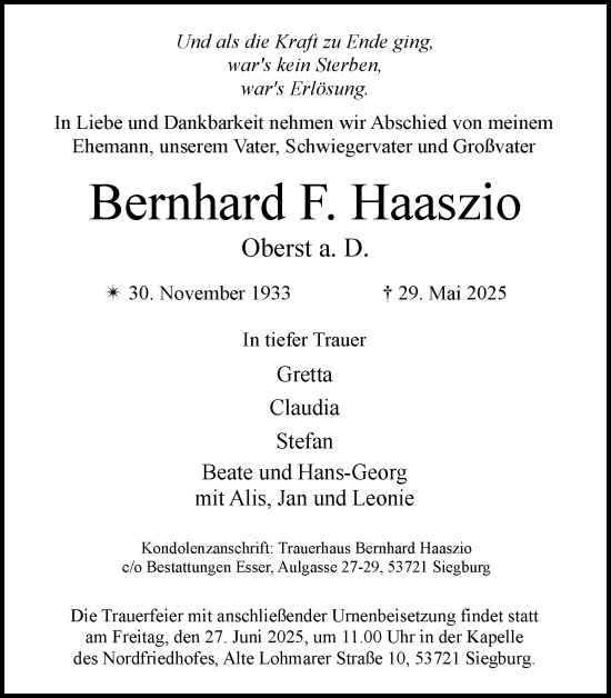 Anzeige von Bernhard Haaszio von Kölner Stadt-Anzeiger / Kölnische Rundschau / Express