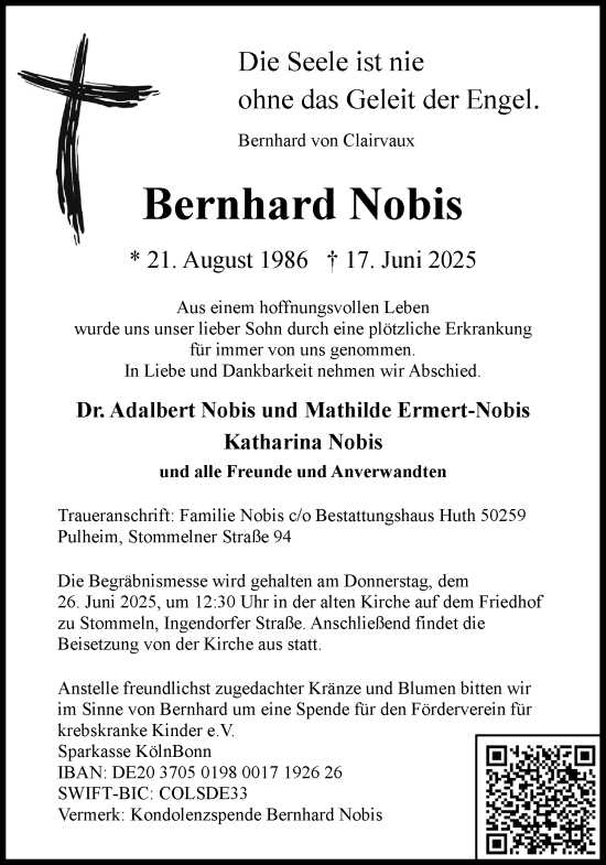 Anzeige von Bernhard Nobis von Kölner Stadt-Anzeiger / Kölnische Rundschau / Express