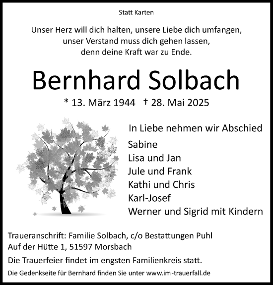 Anzeige von Bernhard Solbach von Kölner Stadt-Anzeiger / Kölnische Rundschau / Express