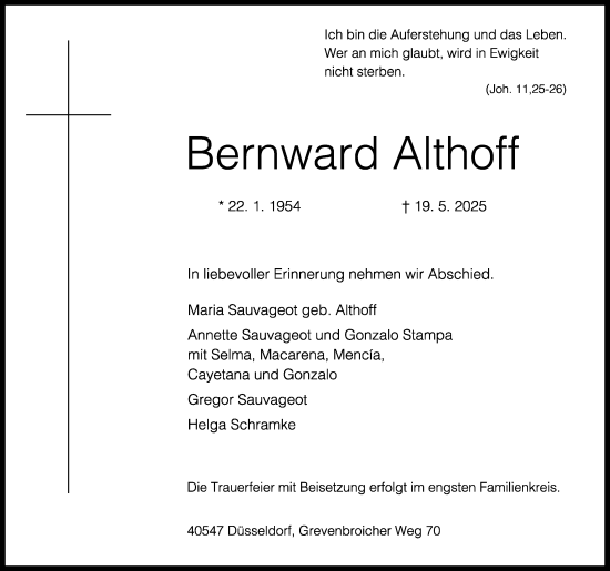 Anzeige von Bernward Althoff von Kölner Stadt-Anzeiger / Kölnische Rundschau / Express