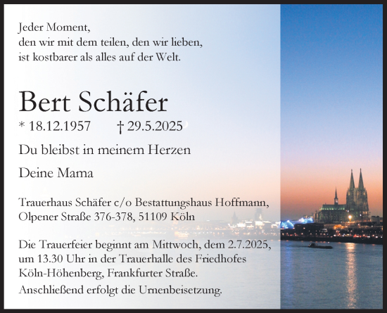 Anzeige von Bert Schäfer von Kölner Stadt-Anzeiger / Kölnische Rundschau / Express