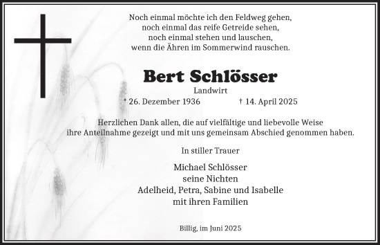 Anzeige von Bert Schlösser von  Blickpunkt Euskirchen 