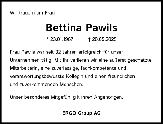Anzeige von Bettina Pawils von Kölner Stadt-Anzeiger / Kölnische Rundschau / Express