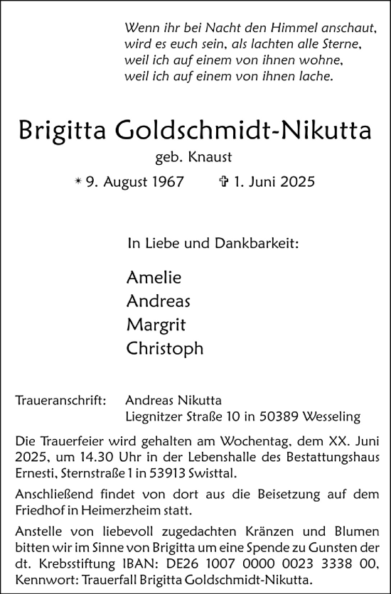Anzeige von Brigitta Goldschmidt-Nikutta von  Schlossbote/Werbekurier 