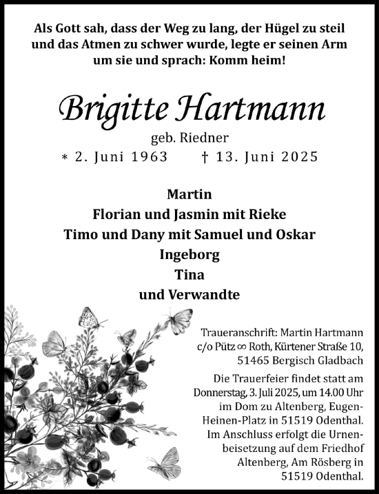 Anzeige von Brigitte Hartmann von  Bergisches Handelsblatt 