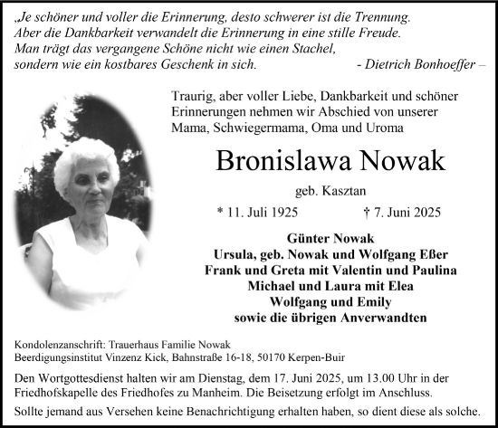 Anzeige von Bronislawa Nowak von  Werbepost 