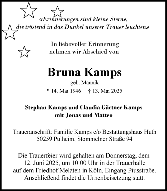 Anzeige von Bruna Kamps von Kölner Stadt-Anzeiger / Kölnische Rundschau / Express
