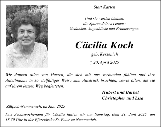 Anzeige von Cäcilia Koch von  Blickpunkt Euskirchen 