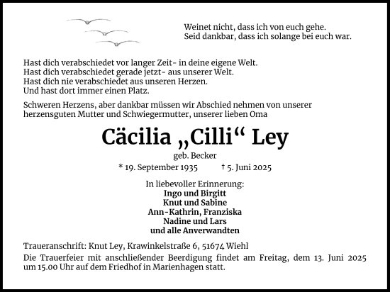 Anzeige von Cäcilia Ley von Kölner Stadt-Anzeiger / Kölnische Rundschau / Express