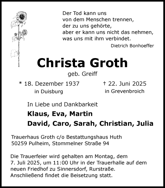 Anzeige von Christa Groth von Kölner Stadt-Anzeiger / Kölnische Rundschau / Express