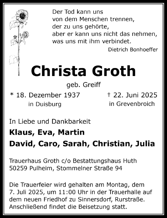 Anzeige von Christa Groth von  Wochenende 
