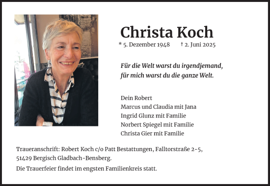 Anzeige von Christa Koch von Kölner Stadt-Anzeiger / Kölnische Rundschau / Express