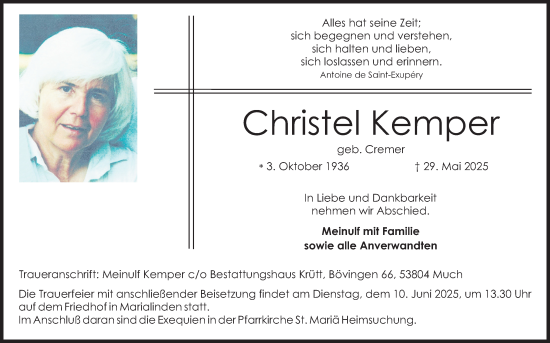 Anzeige von Christel Kemper von Kölner Stadt-Anzeiger / Kölnische Rundschau / Express