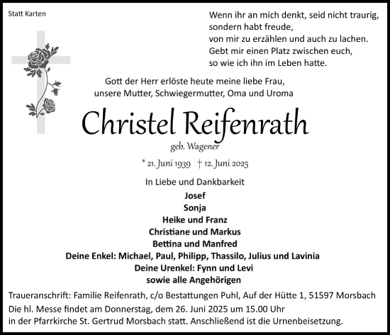 Anzeige von Christel Reifenrath von  Lokalanzeiger 