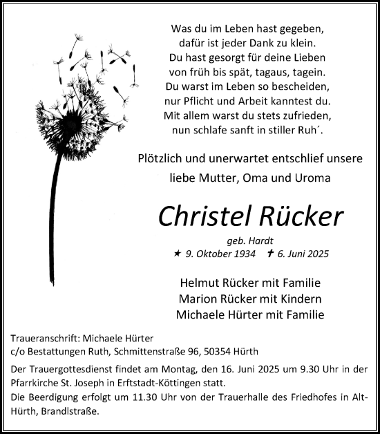 Anzeige von Christel Rücker von Kölner Stadt-Anzeiger / Kölnische Rundschau / Express