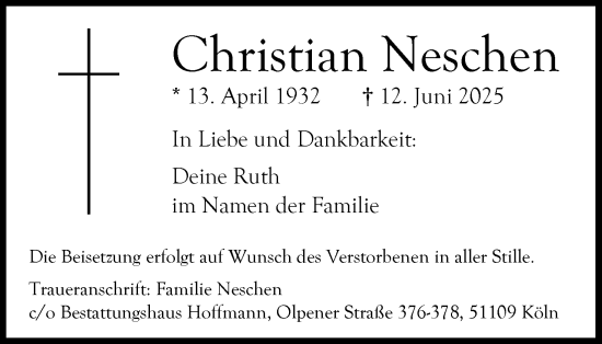 Anzeige von Christian Neschen von Kölner Stadt-Anzeiger / Kölnische Rundschau / Express