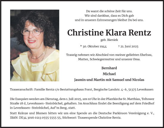 Anzeige von Christine Klara Rentz von Kölner Stadt-Anzeiger / Kölnische Rundschau / Express