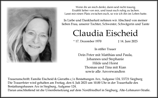 Anzeige von Claudia Eischeid von Kölner Stadt-Anzeiger / Kölnische Rundschau / Express