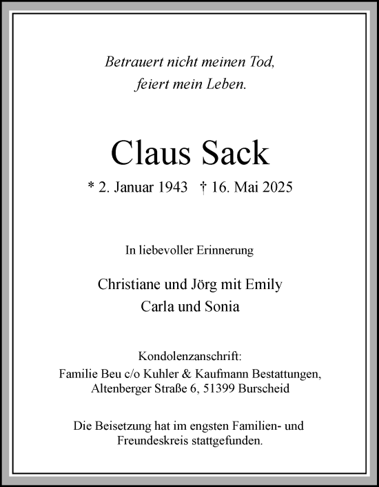 Anzeige von Claus Sack von Kölner Stadt-Anzeiger / Kölnische Rundschau / Express