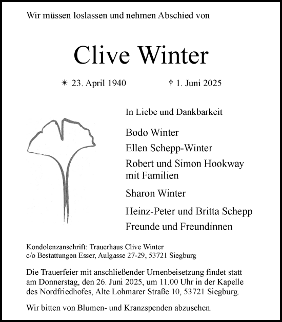Anzeige von Clive Winter von Kölner Stadt-Anzeiger / Kölnische Rundschau / Express