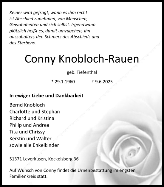Anzeige von Conny Knobloch-Rauen von Kölner Stadt-Anzeiger / Kölnische Rundschau / Express