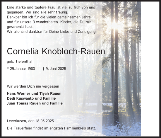 Anzeige von Cornelia Knobloch-Rauen von Kölner Stadt-Anzeiger / Kölnische Rundschau / Express